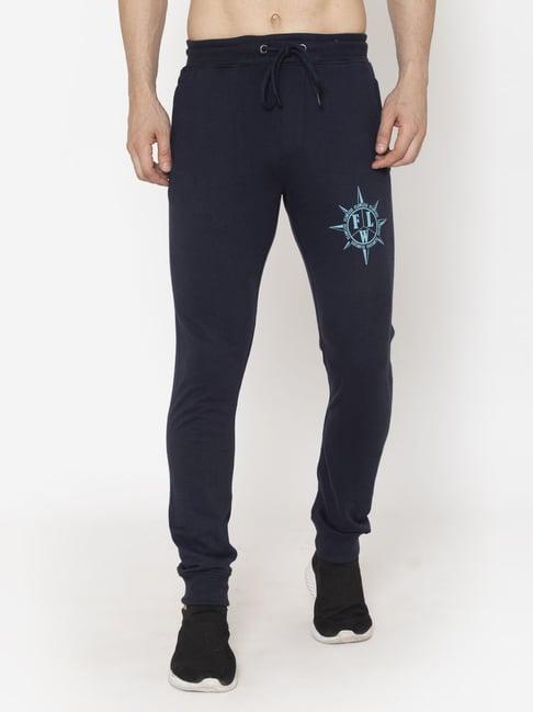 flawless navy blue cotton regular fit printed joggers pants