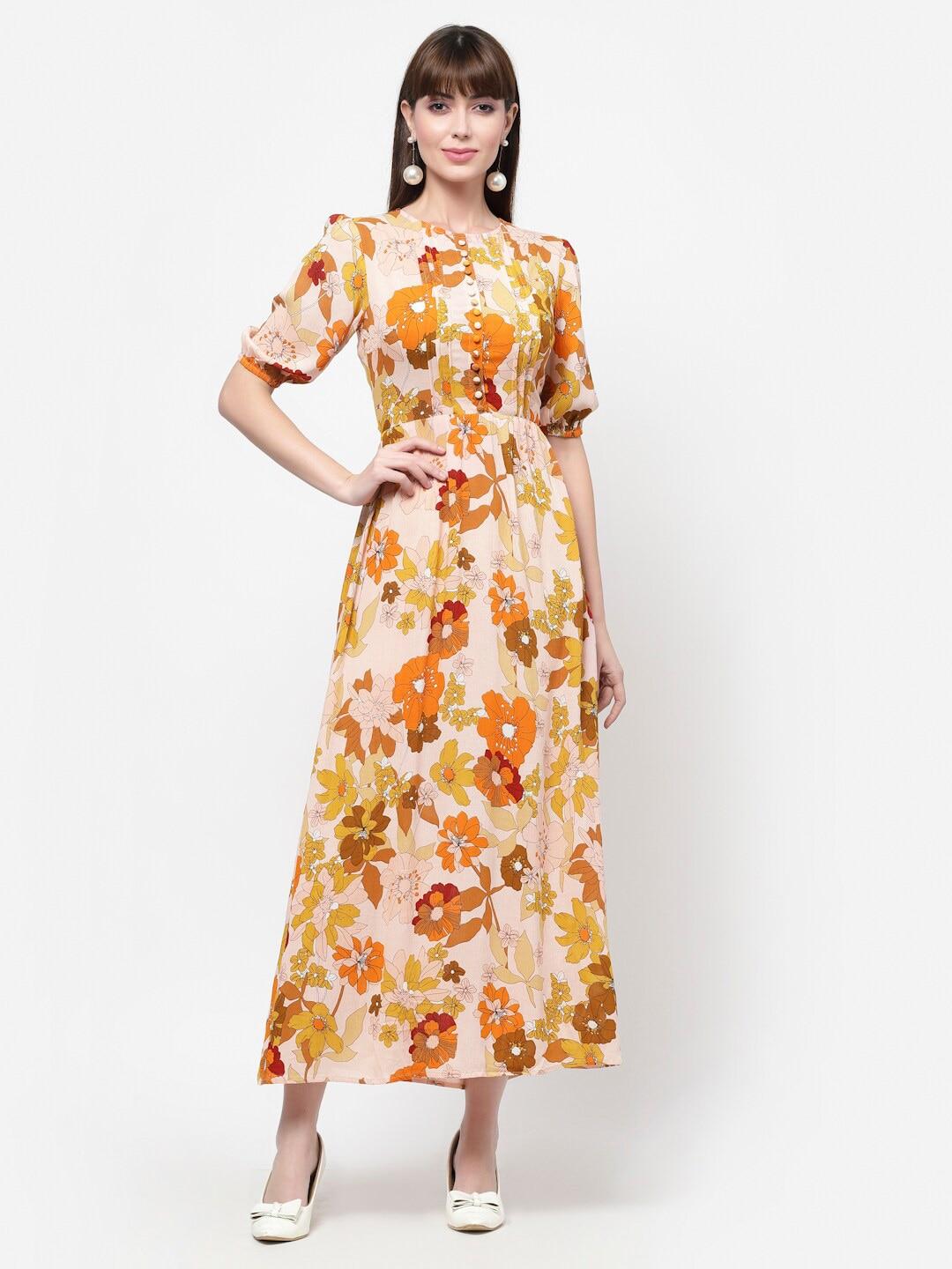 flawless orange floral print fit & flare maxi dress