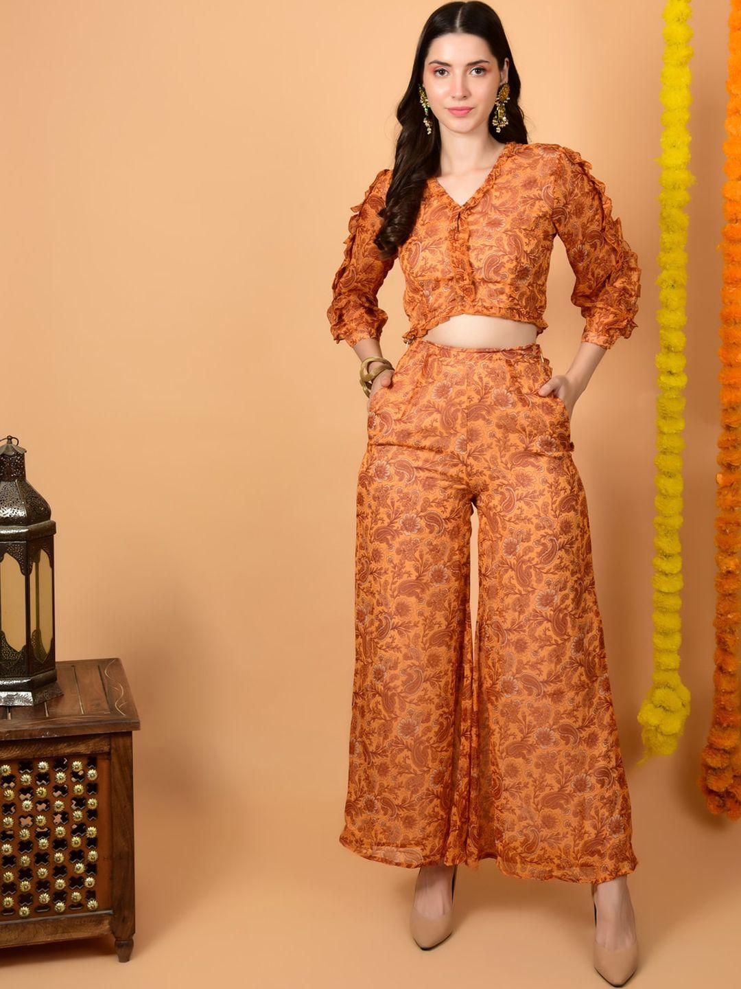 flawless printed v-neck crop top with trouser