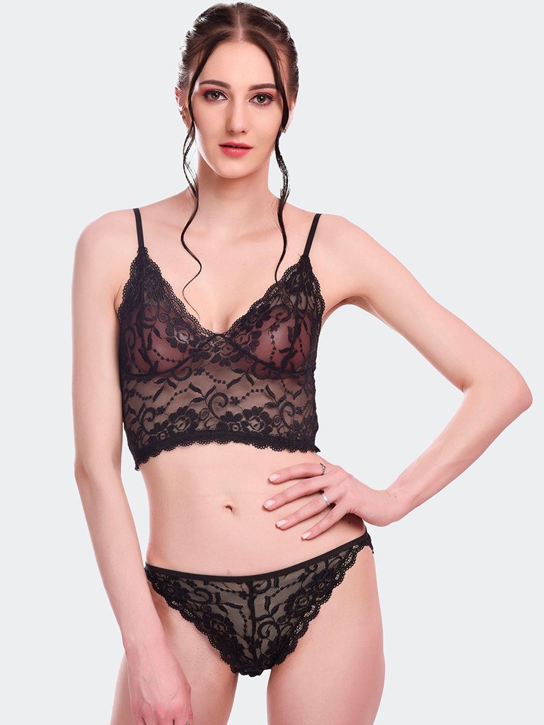 fleurt black self-design lace lingerie set