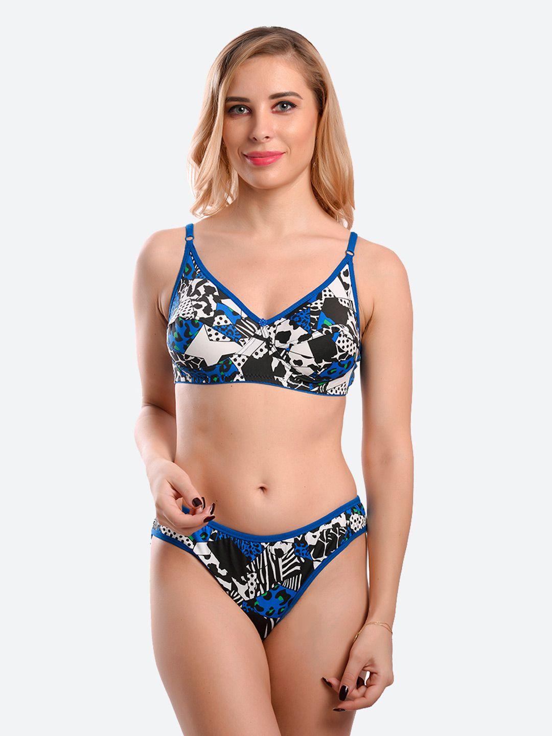 fleurt blue & black printed lingerie set