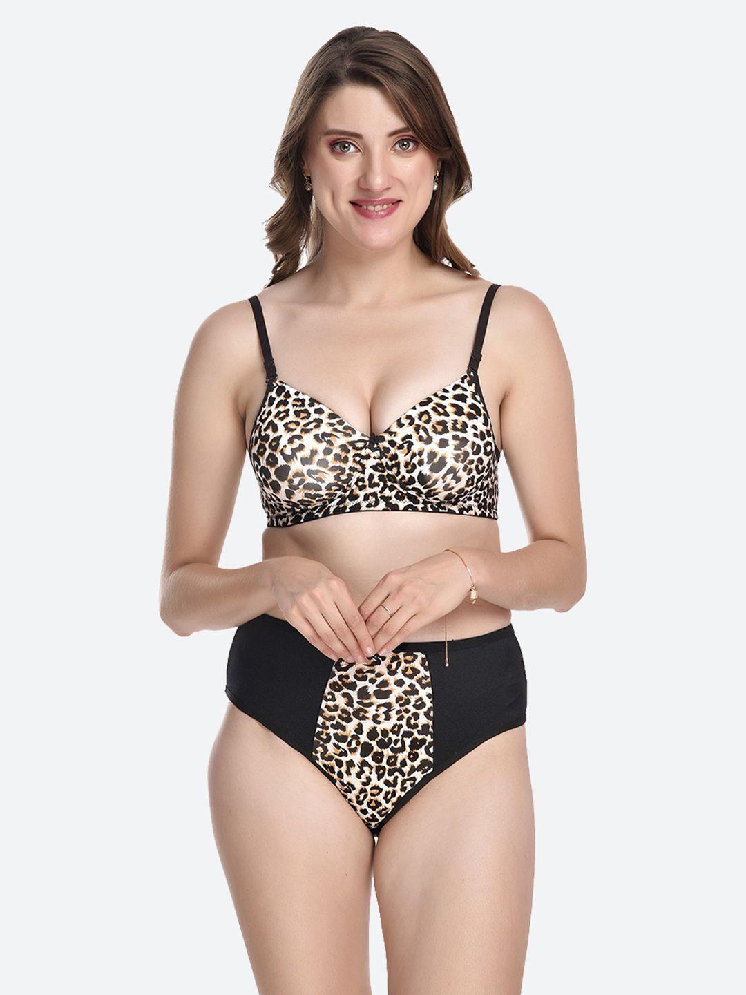 fleurt brown & black animal printed lingerie set