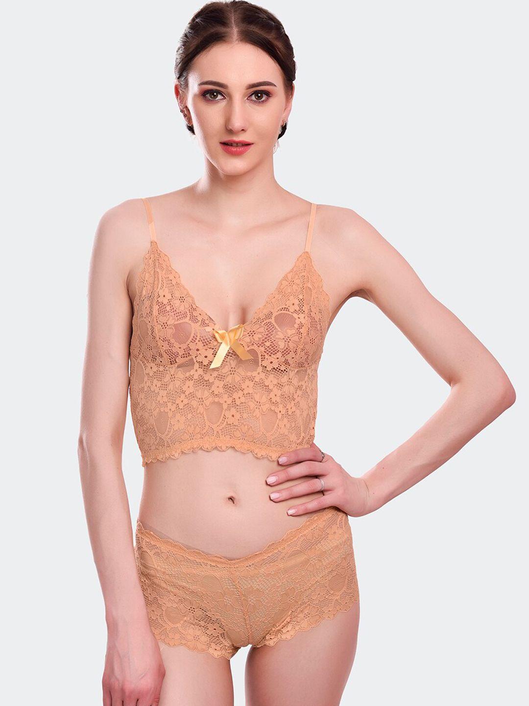 fleurt gold-toned self-design lace lingerie set