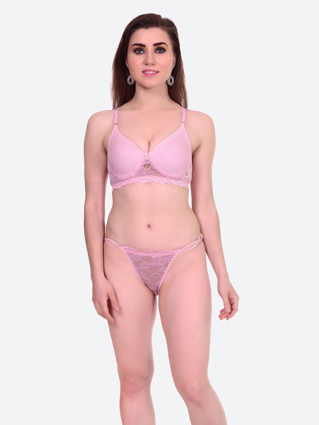 fleurt pink self-design cotton lingerie set