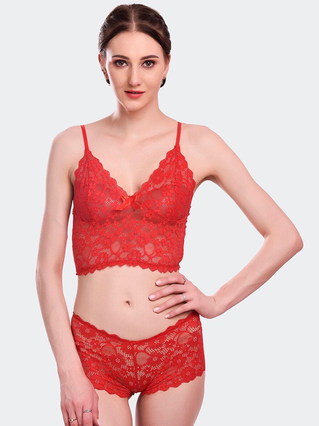 fleurt red self design lace lingerie set fleurt-set-170-rd