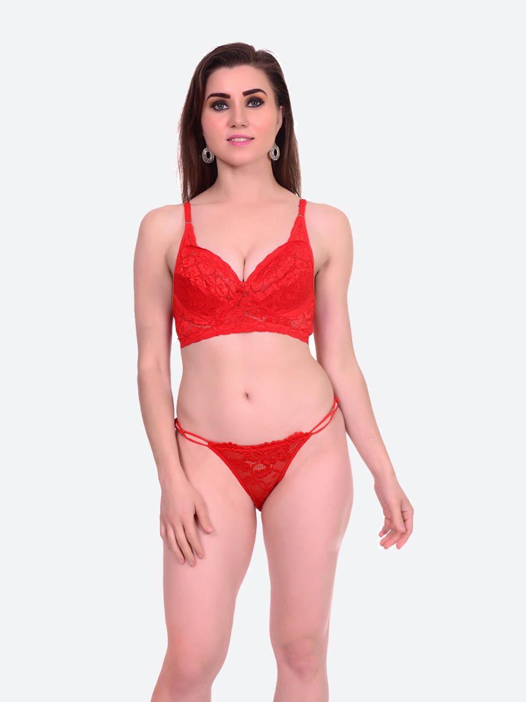 fleurt red self-design laced lingerie set