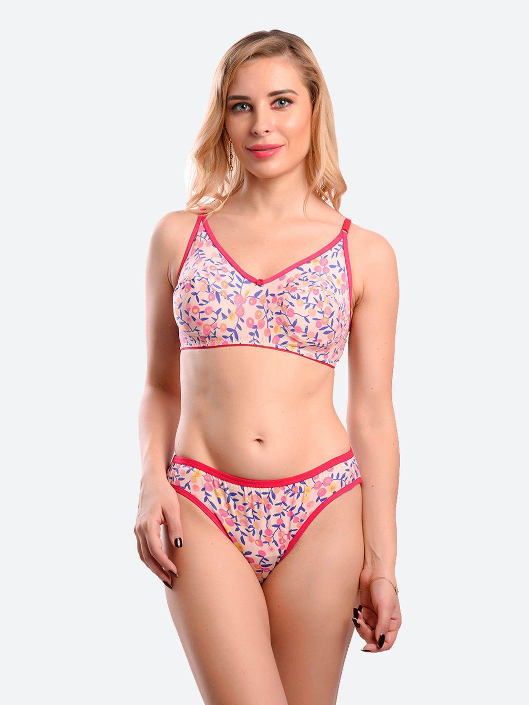 fleurt rose-pink & blue floral printed lingerie set