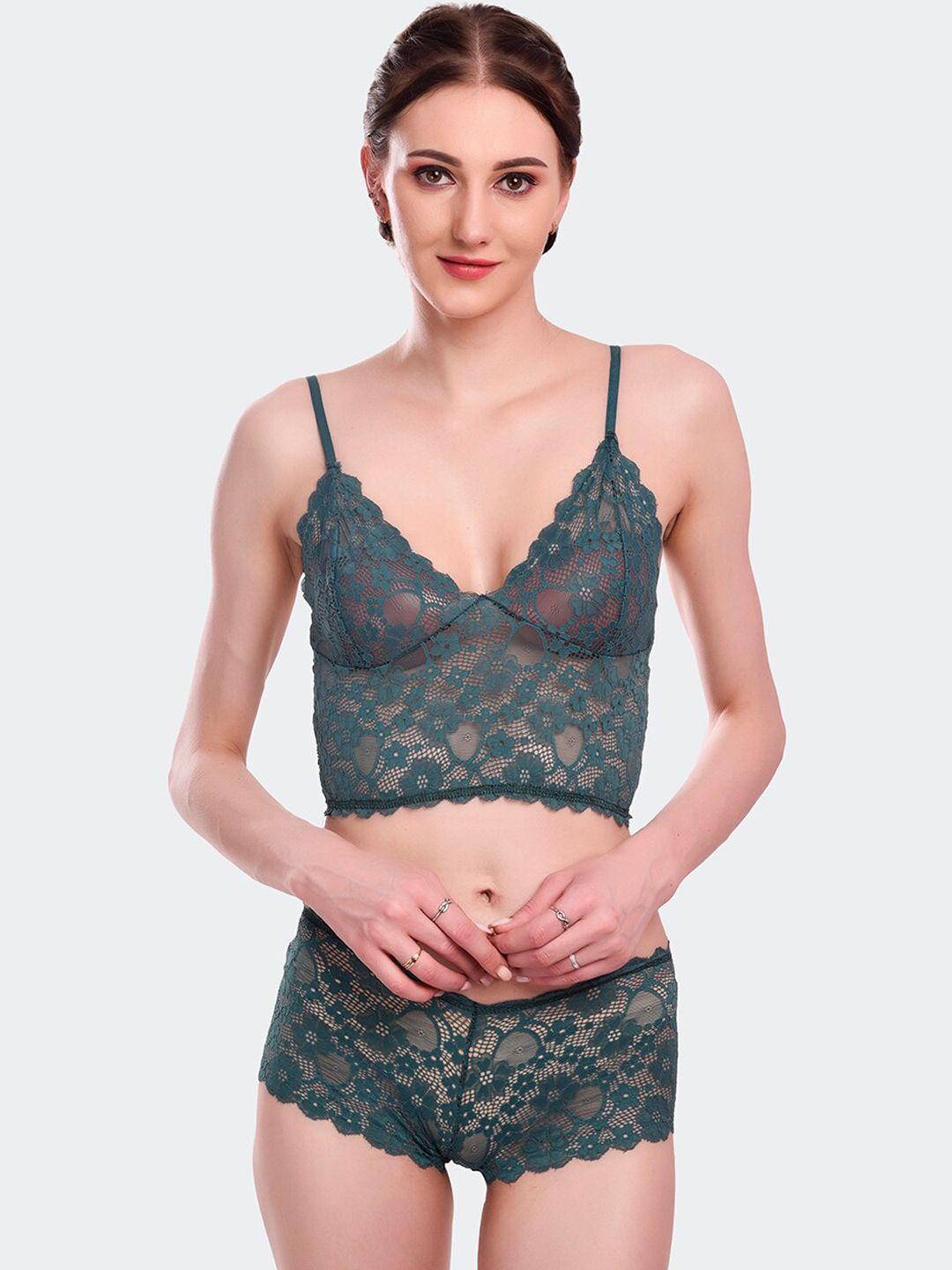 fleurt women green self-design lace lingerie set