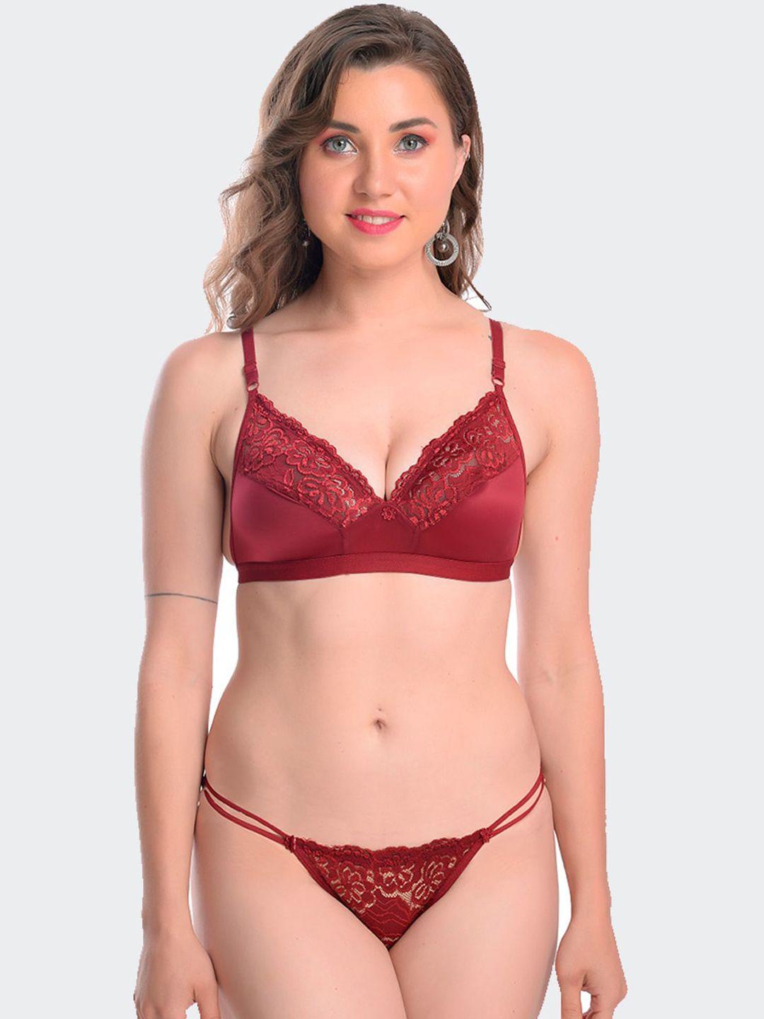 fleurt women maroon self-design lingerie set fleurt-l.set-ballon-mr-30