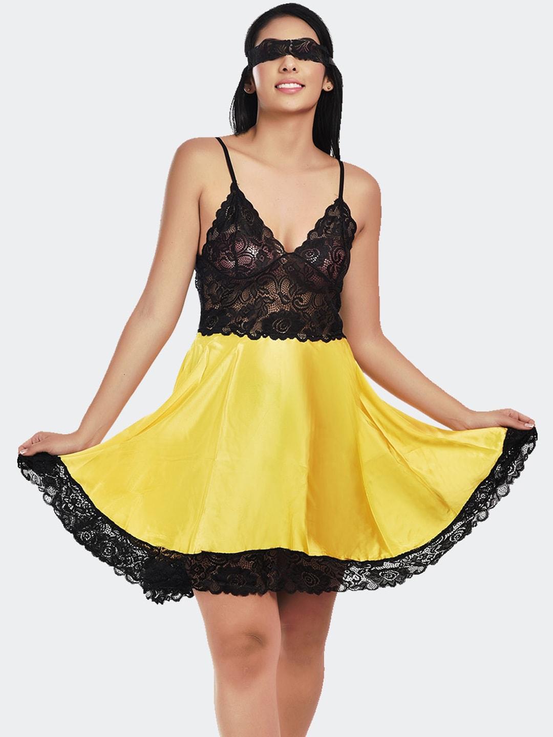 fleurt women yellow & black satin baby doll night wear