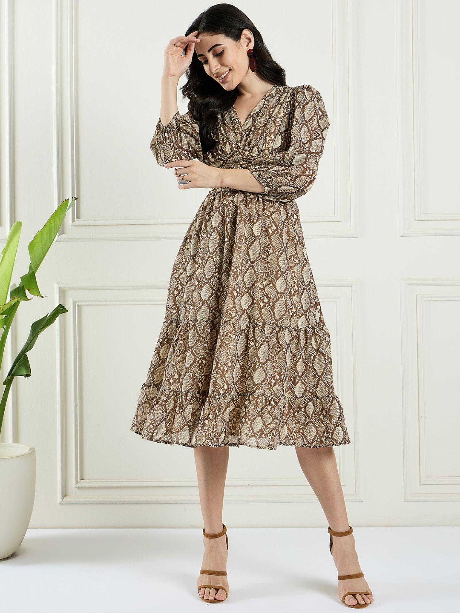 flex fit brown snake print flared smocking dress