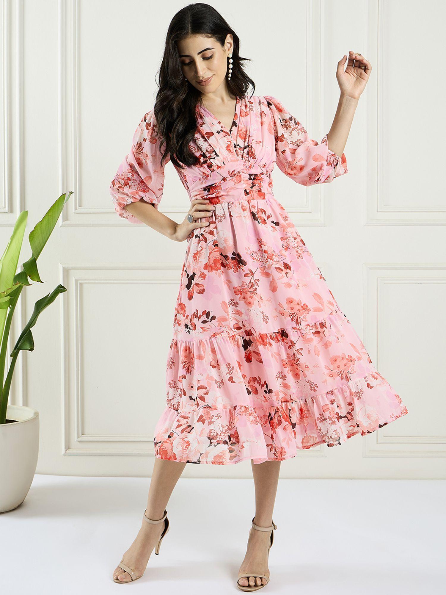 flex fit pink floral print flared smocking dress