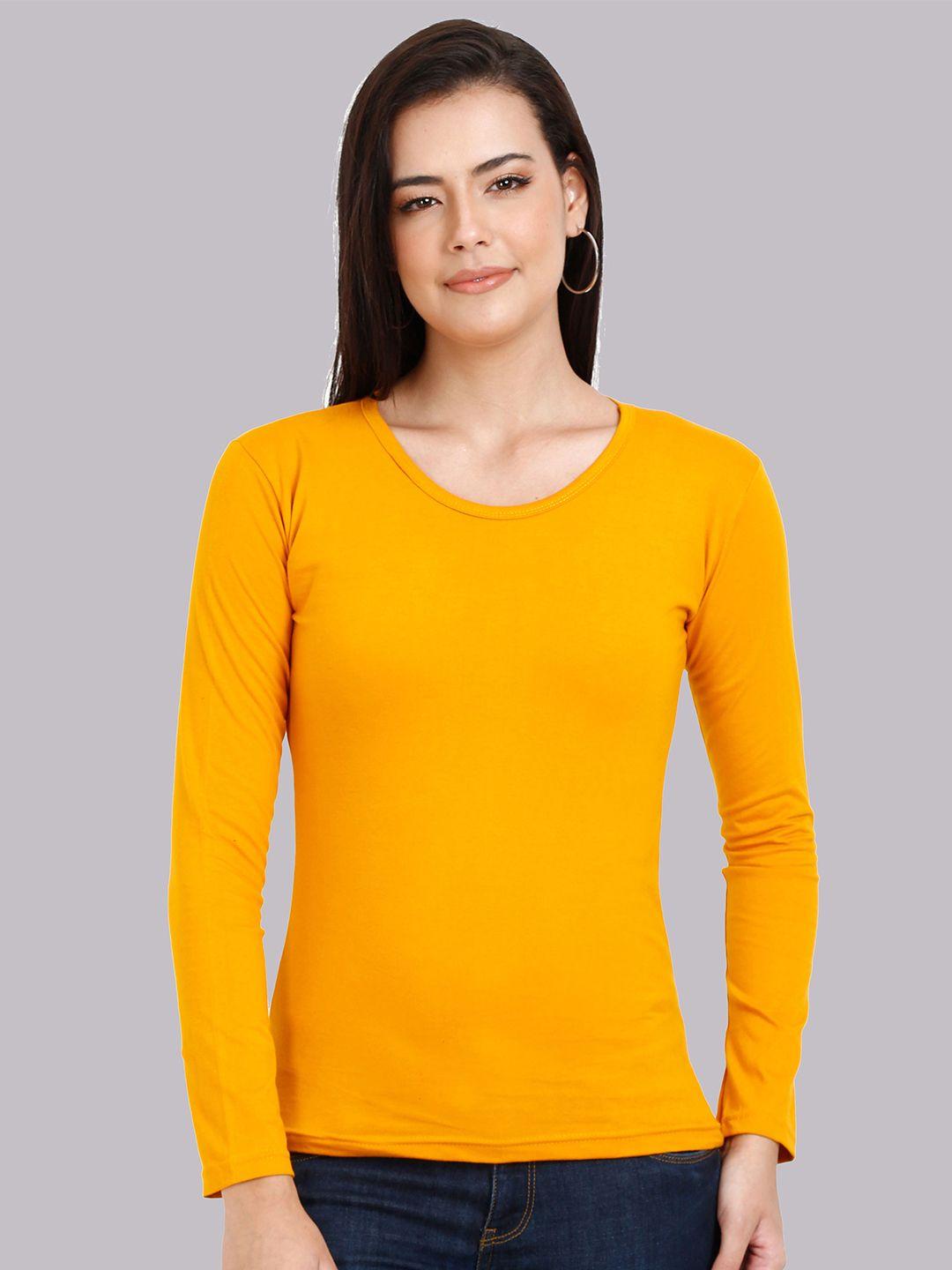 fleximaa women mustard yellow solid cotton t-shirt
