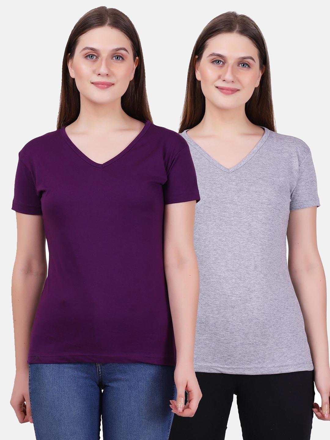 fleximaa women purple & grey melange pack of 2 v-neck t-shirt
