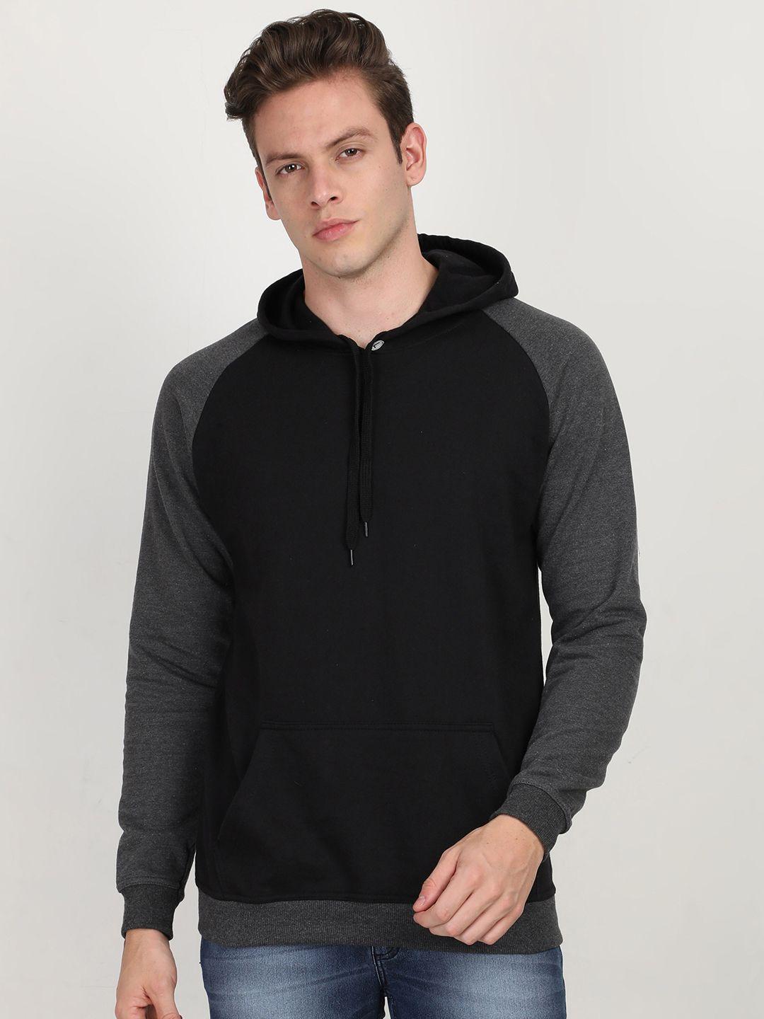 fleximaa men black & charcoal grey hooded raglan sleeves cotton sweatshirt