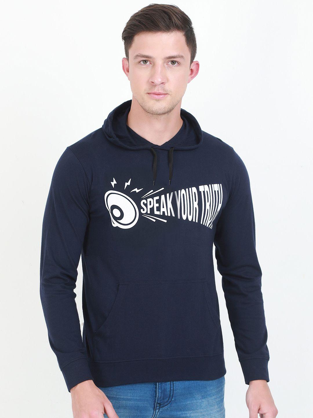 fleximaa men navy blue printed hooded cotton sweatshirt