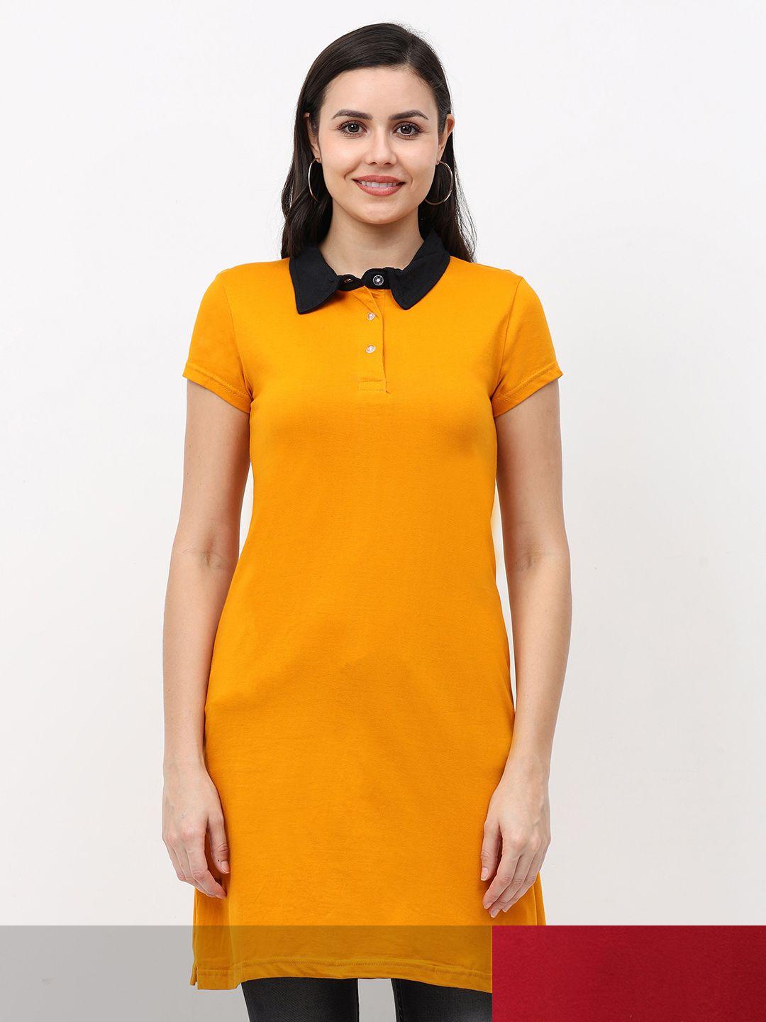 fleximaa mustard yellow & red pack of 2 shirt style longline tops