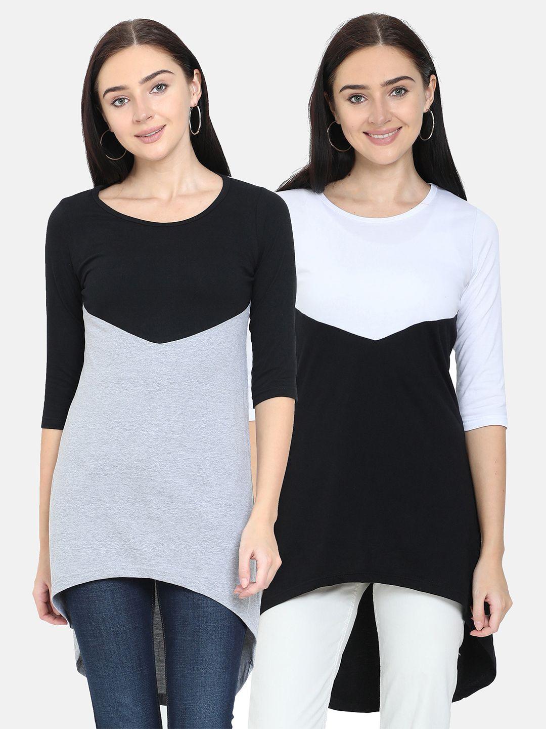 fleximaa pack of 2 black & grey colourblocked pure cotton longline top