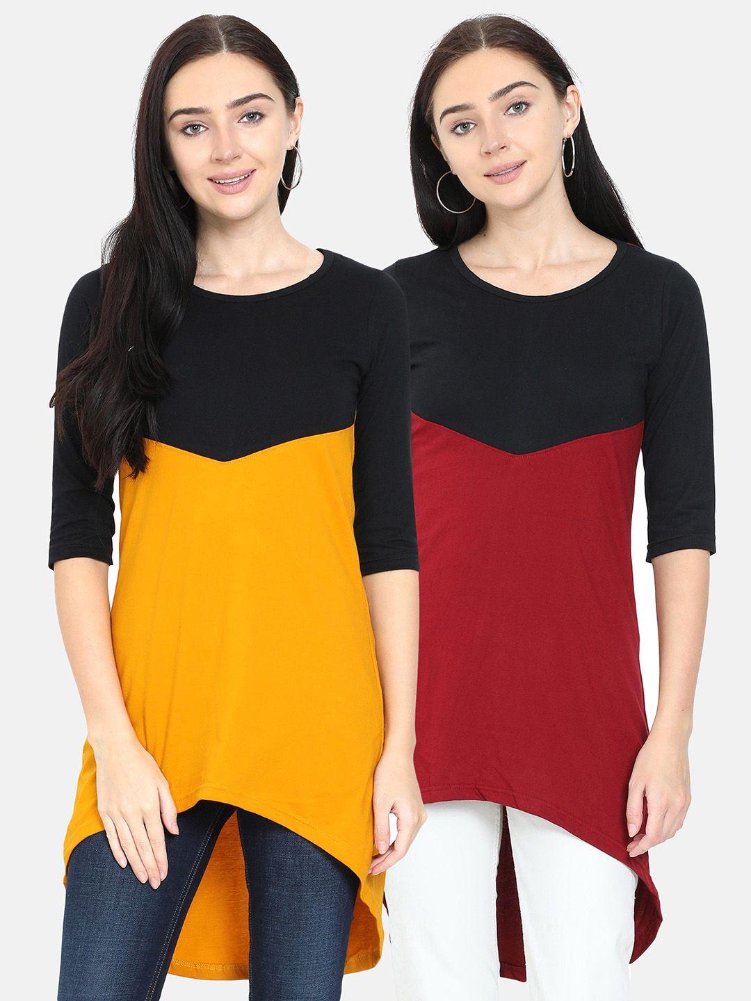 fleximaa pack of 2 mustard yellow & maroon colourblocked cotton high-low longline tops