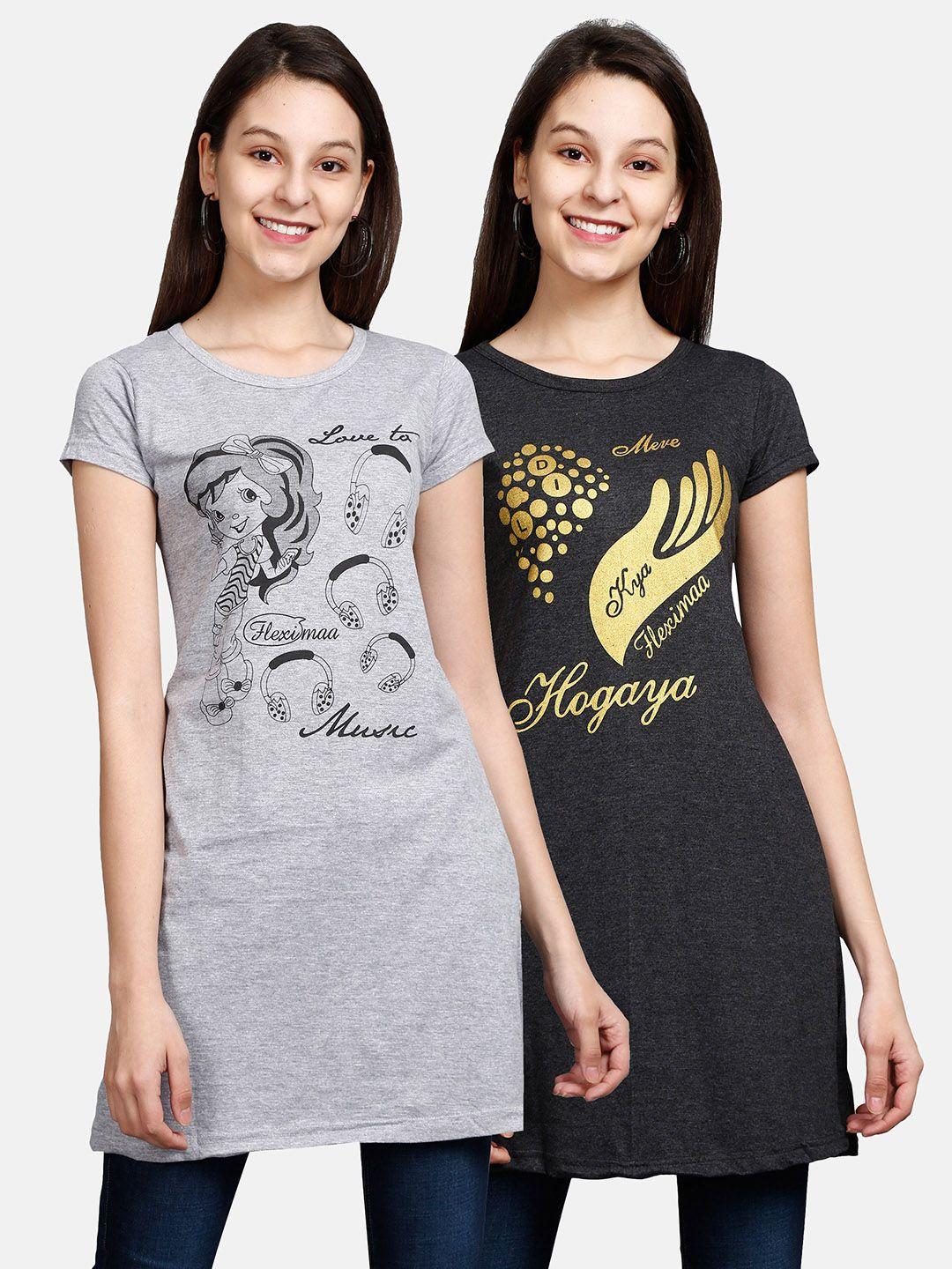 fleximaa pack of 2 printed pure cotton longline knitted tops