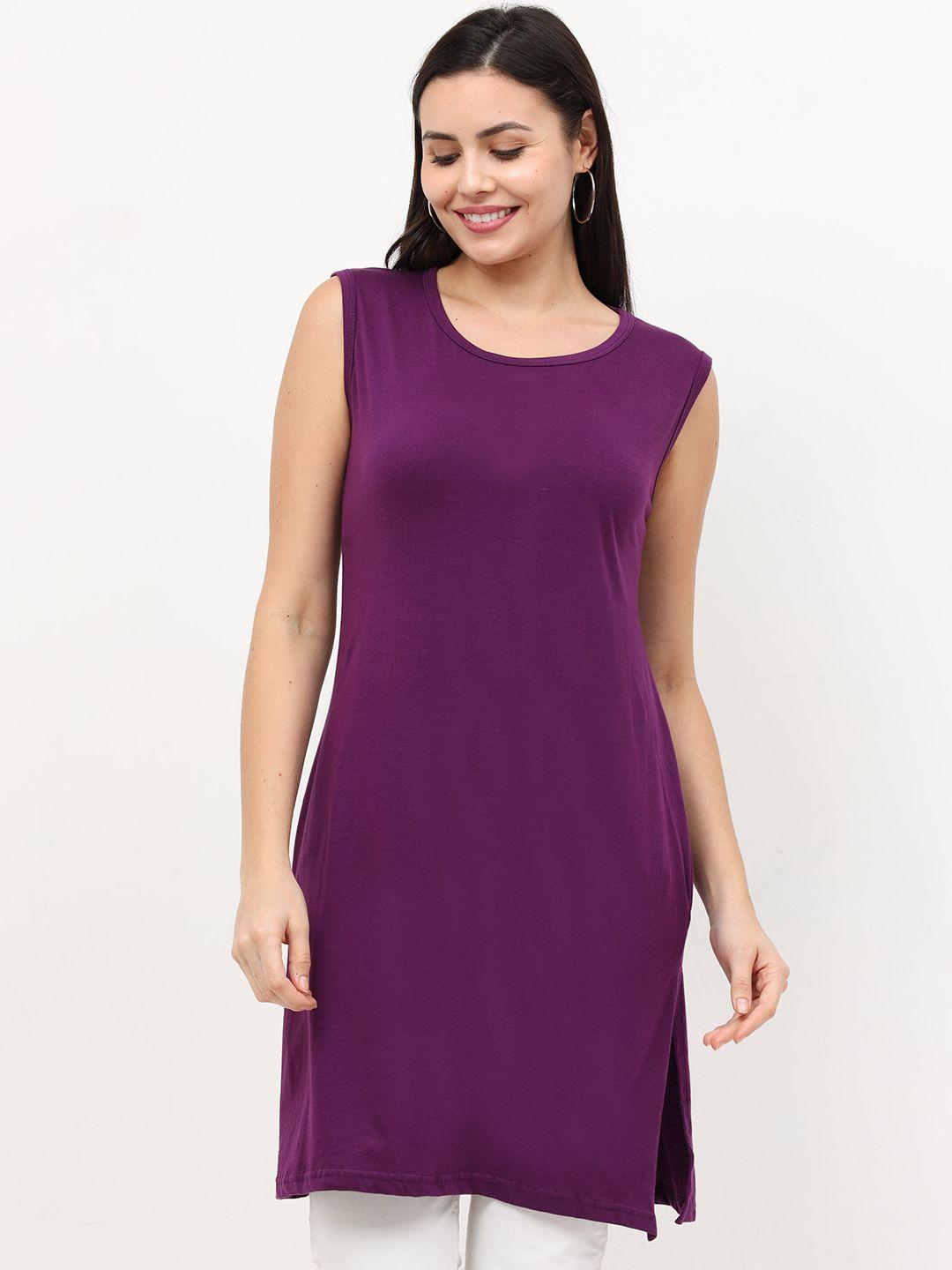 fleximaa purple solid pure cotton longline top