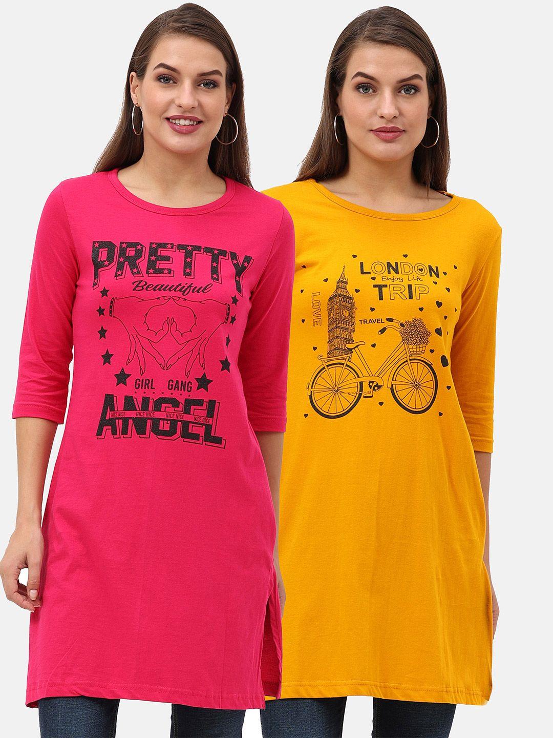 fleximaa set of 2 yellow & pink print pure cotton longline top