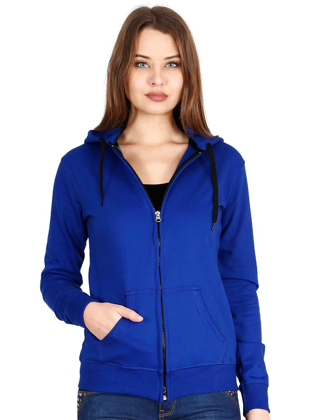 fleximaa women blue solid hooded cotton sweatshirt