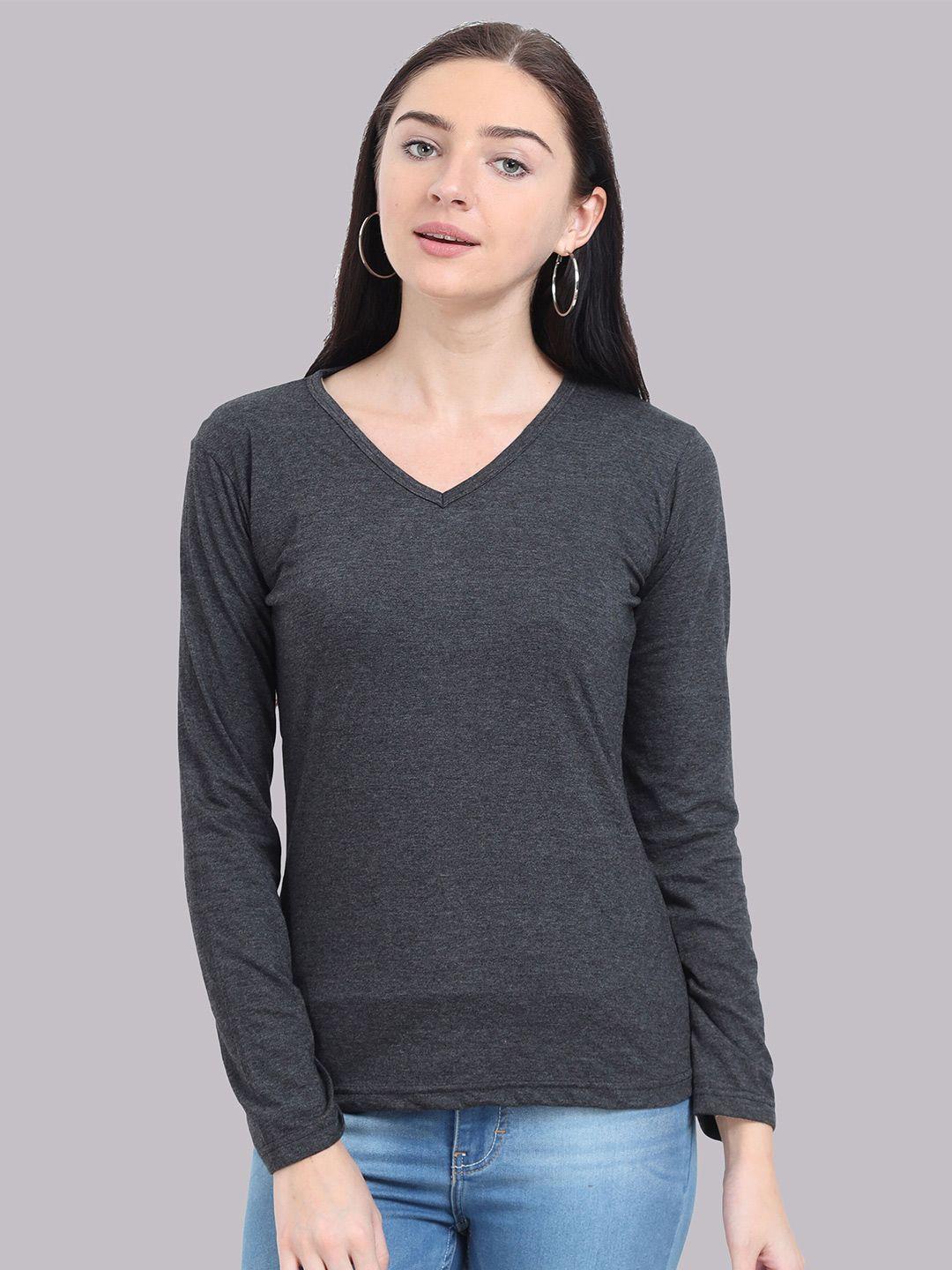 fleximaa women charcoal grey solid v-neck t-shirt