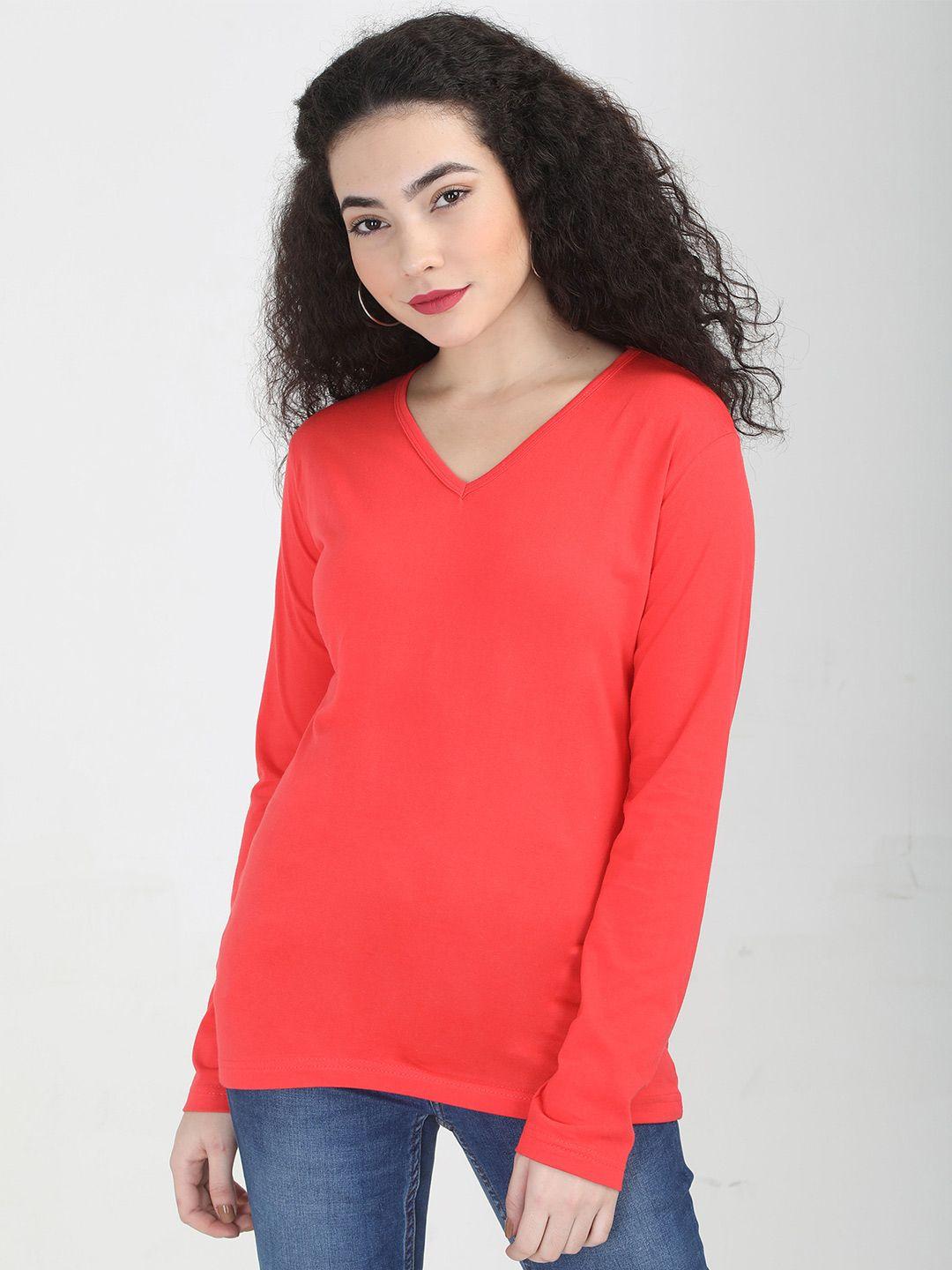 fleximaa women coral v-neck full sleeves cotton t-shirt