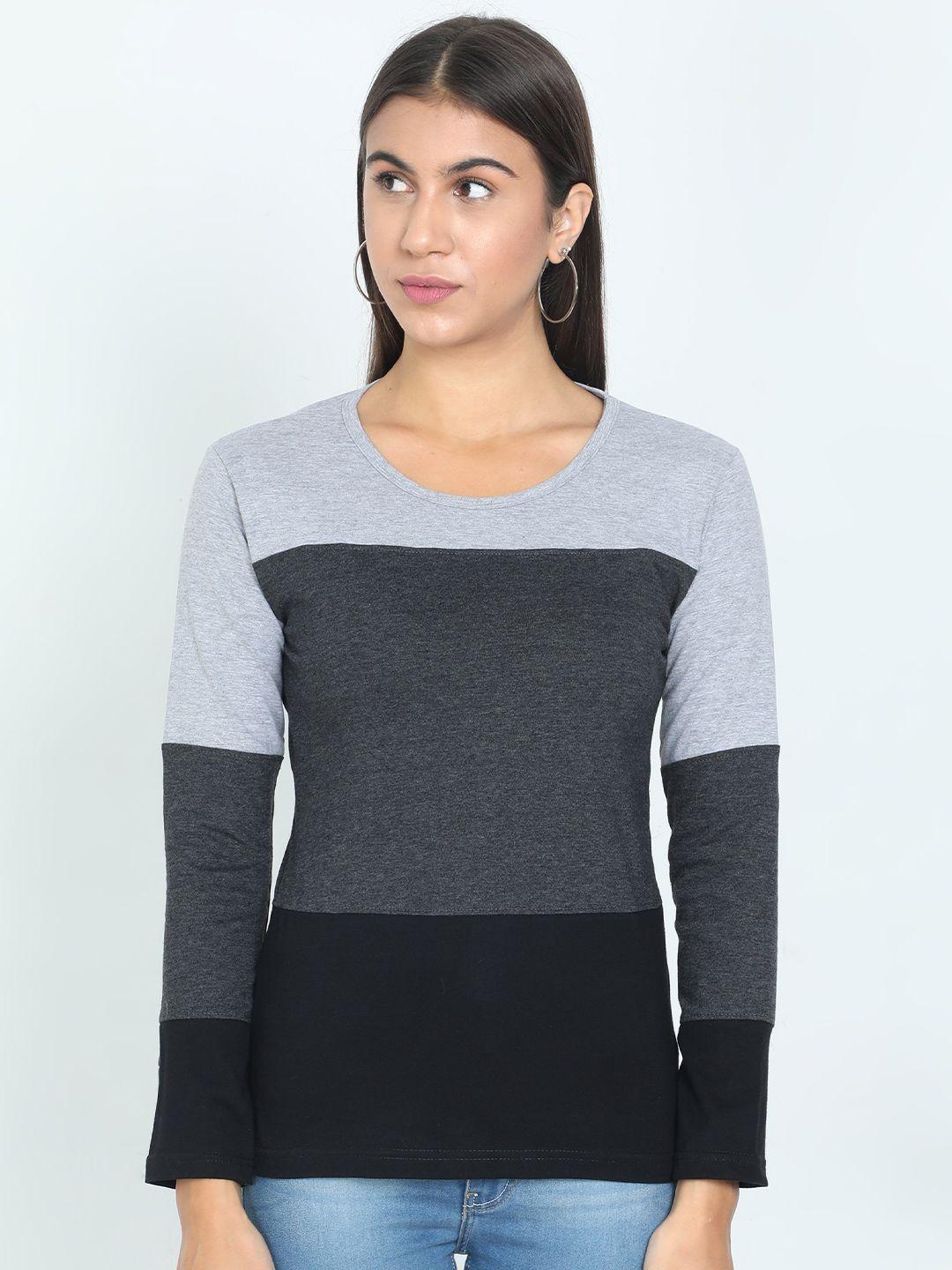 fleximaa women grey colourblocked cotton t-shirt