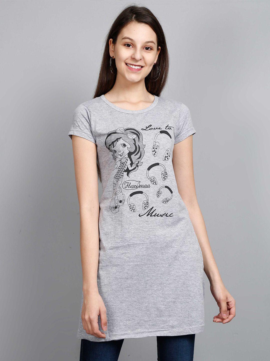 fleximaa women grey printed cotton longline top