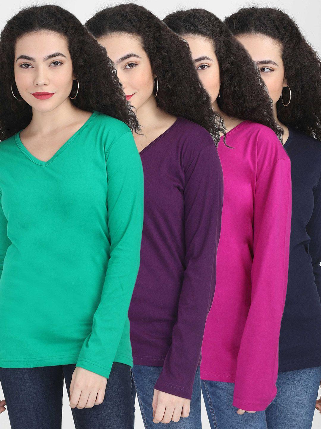 fleximaa women multicoloured set of 4 cotton v-neck t-shirt