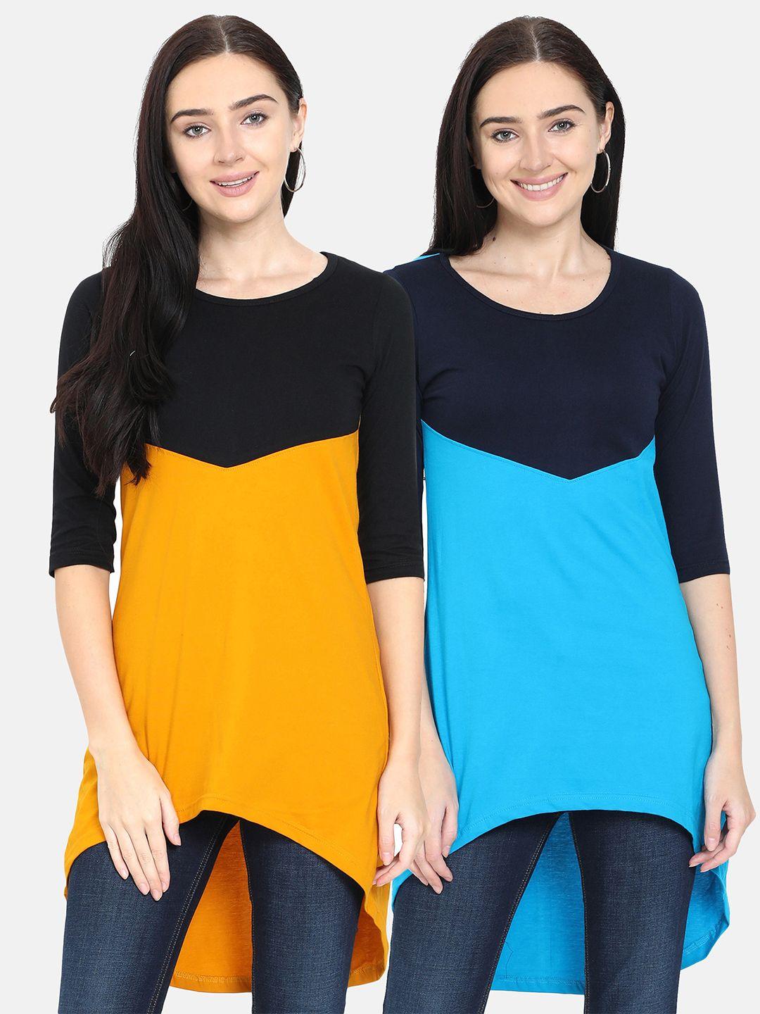 fleximaa women mustard yellow & turquoise blue set of 2 colourblocked pure cotton top