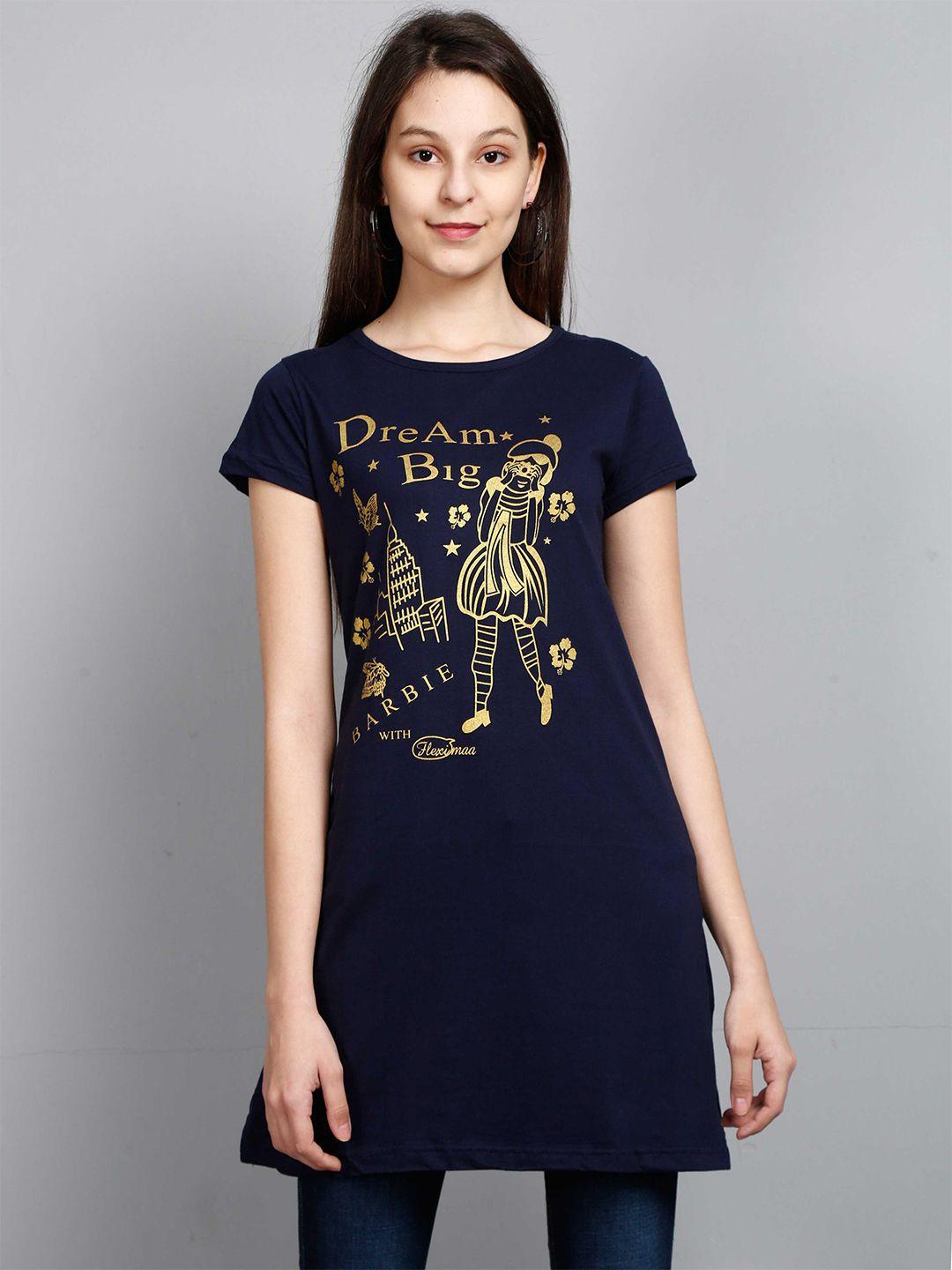 fleximaa women navy blue printed longline top