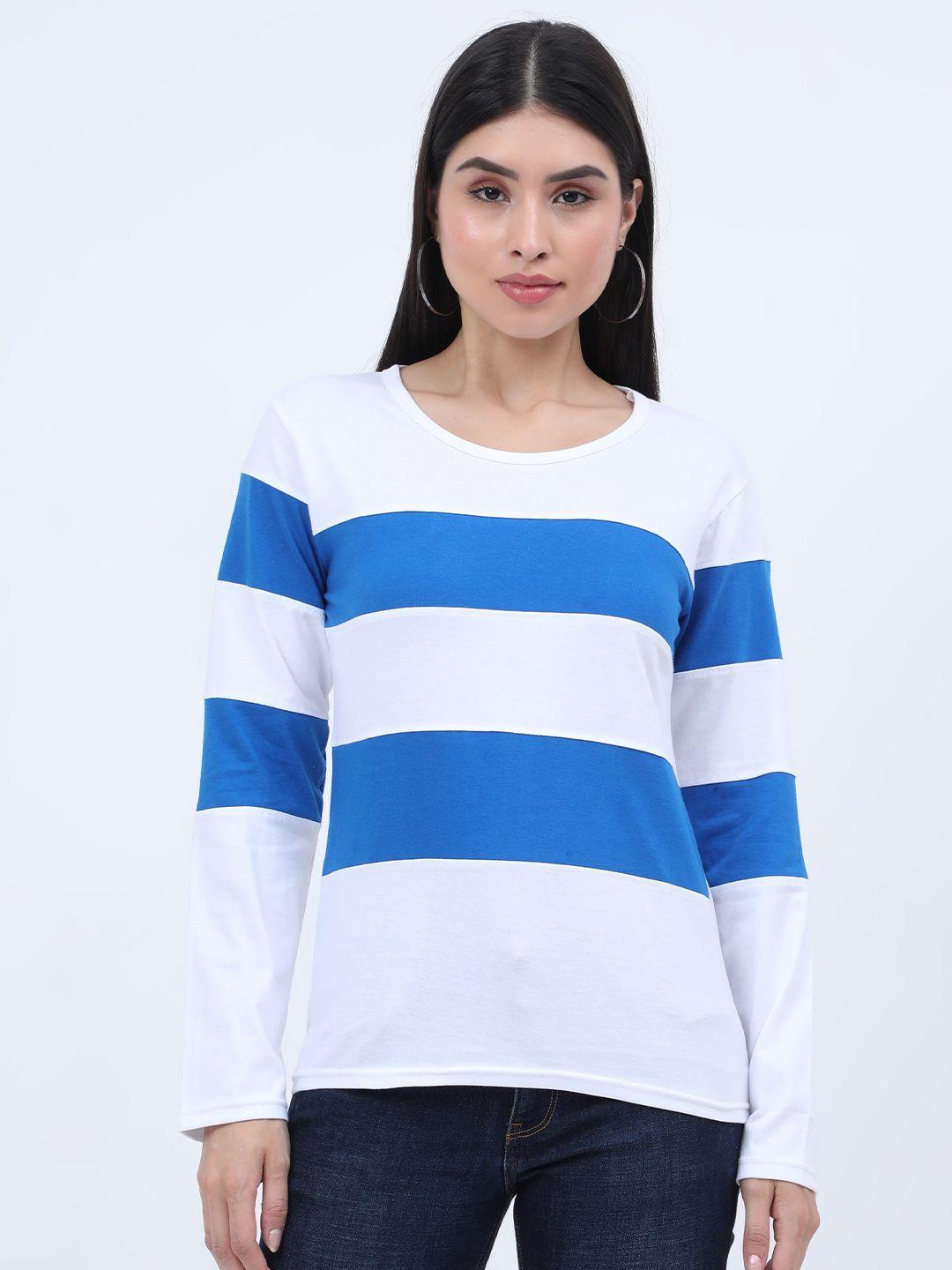 fleximaa women off white & blue striped extended sleeves cotton t-shirt