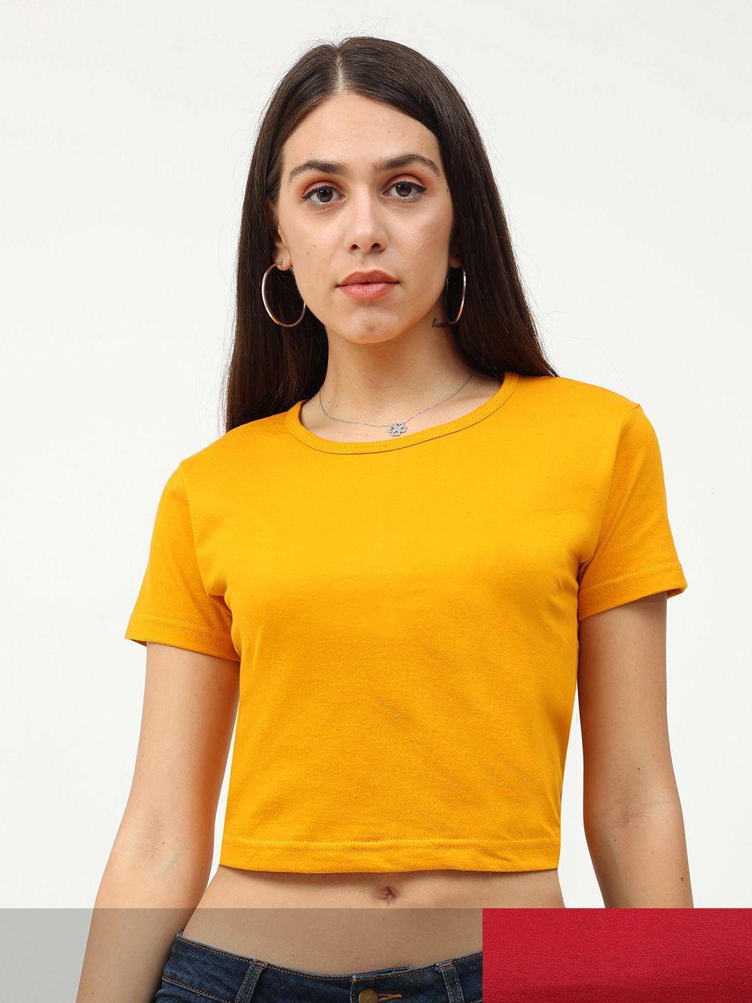 fleximaa women pack of 2 mustard yellow & maroon solid round neck crop pure cotton top