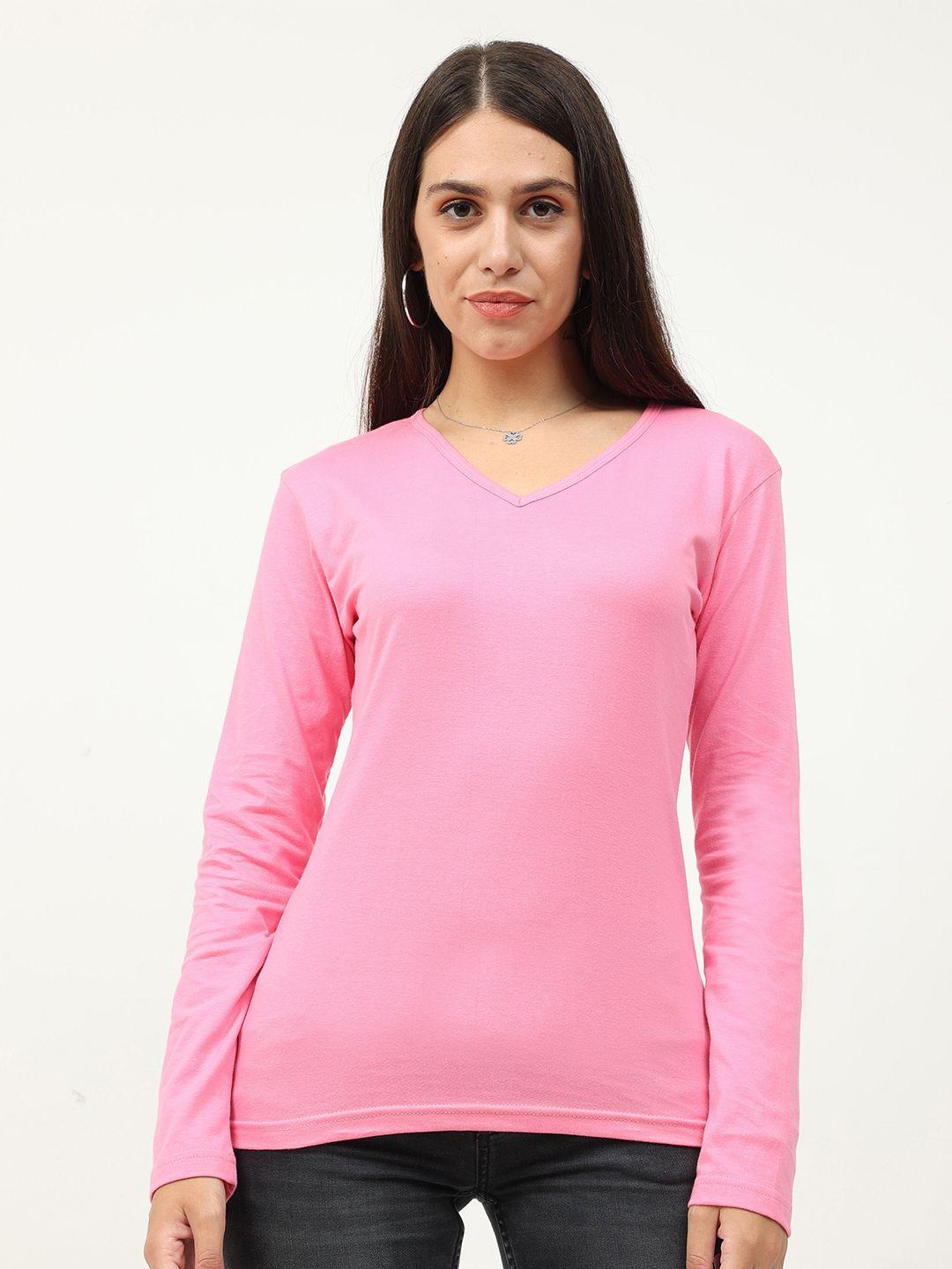 fleximaa women pink solid cotton v-neck t-shirt