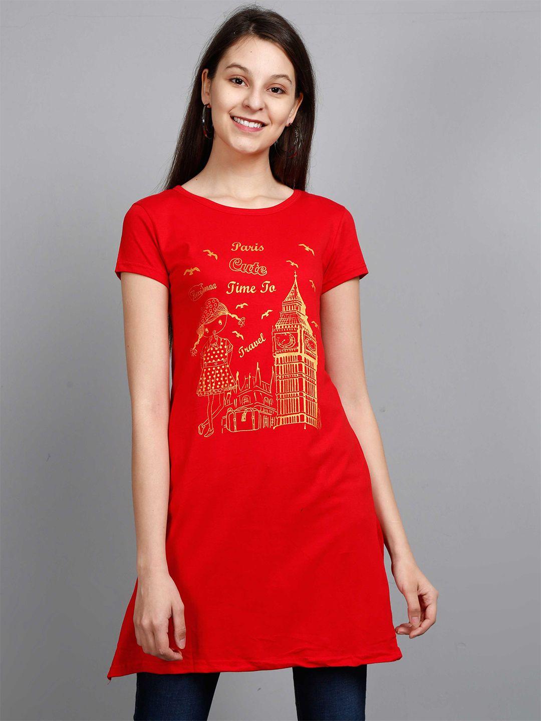 fleximaa women red & gold-toned printed longline top