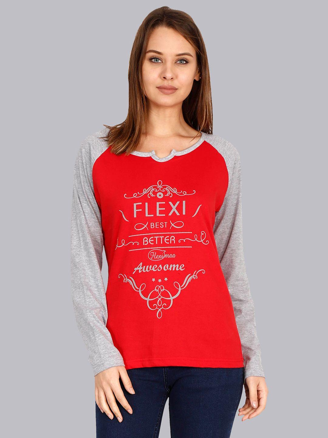 fleximaa women red & grey typography printed t-shirt