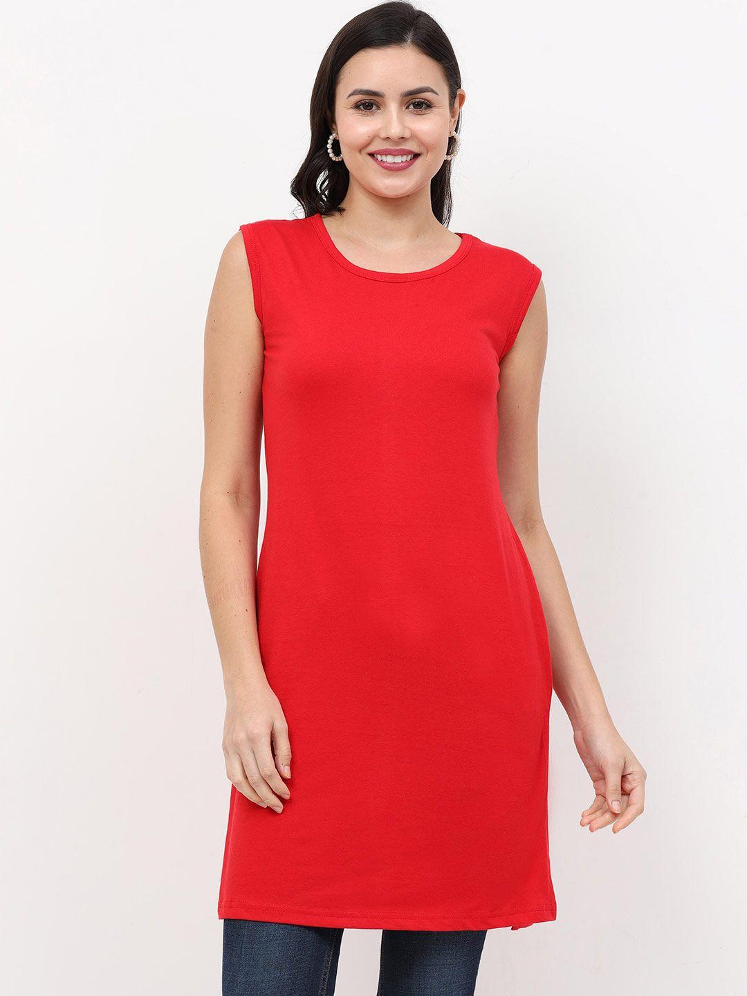 fleximaa women red solid round neck  sleeveless longline top