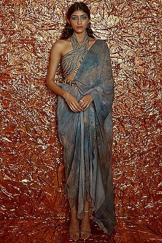 flint grey printed draped saree set
