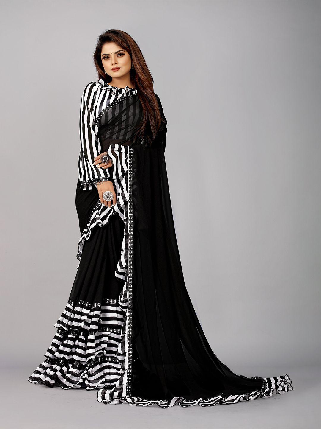 flip the style black & white embroidered pure georgette leheriya saree