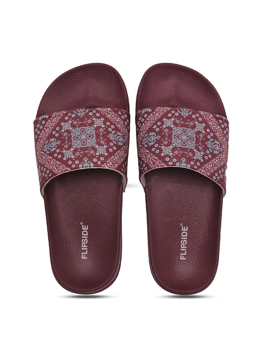 flipside women maroon & multicoloured striped rubber sliders