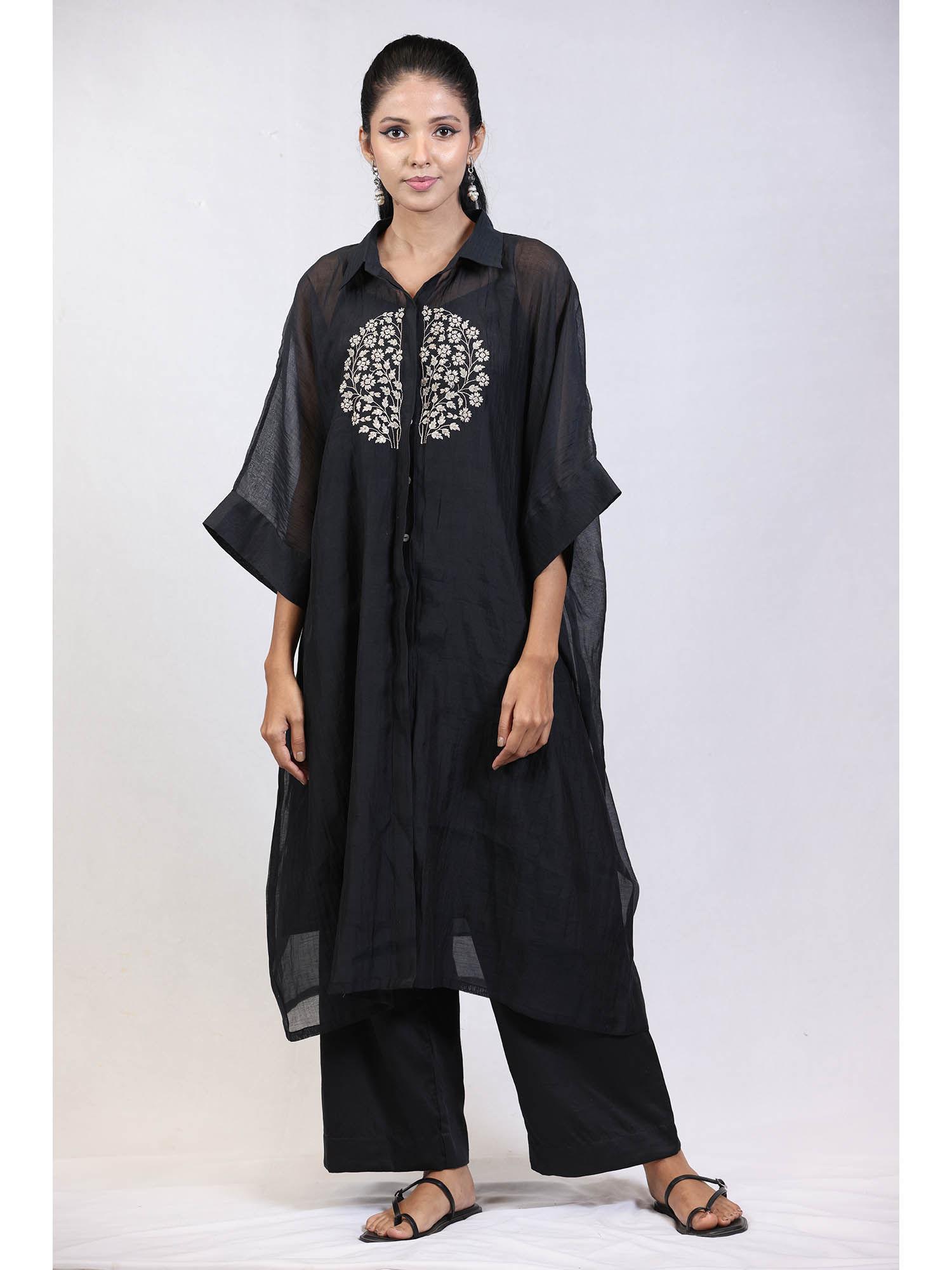 flo embroidered kaftan pant with inner- black (set of 3)