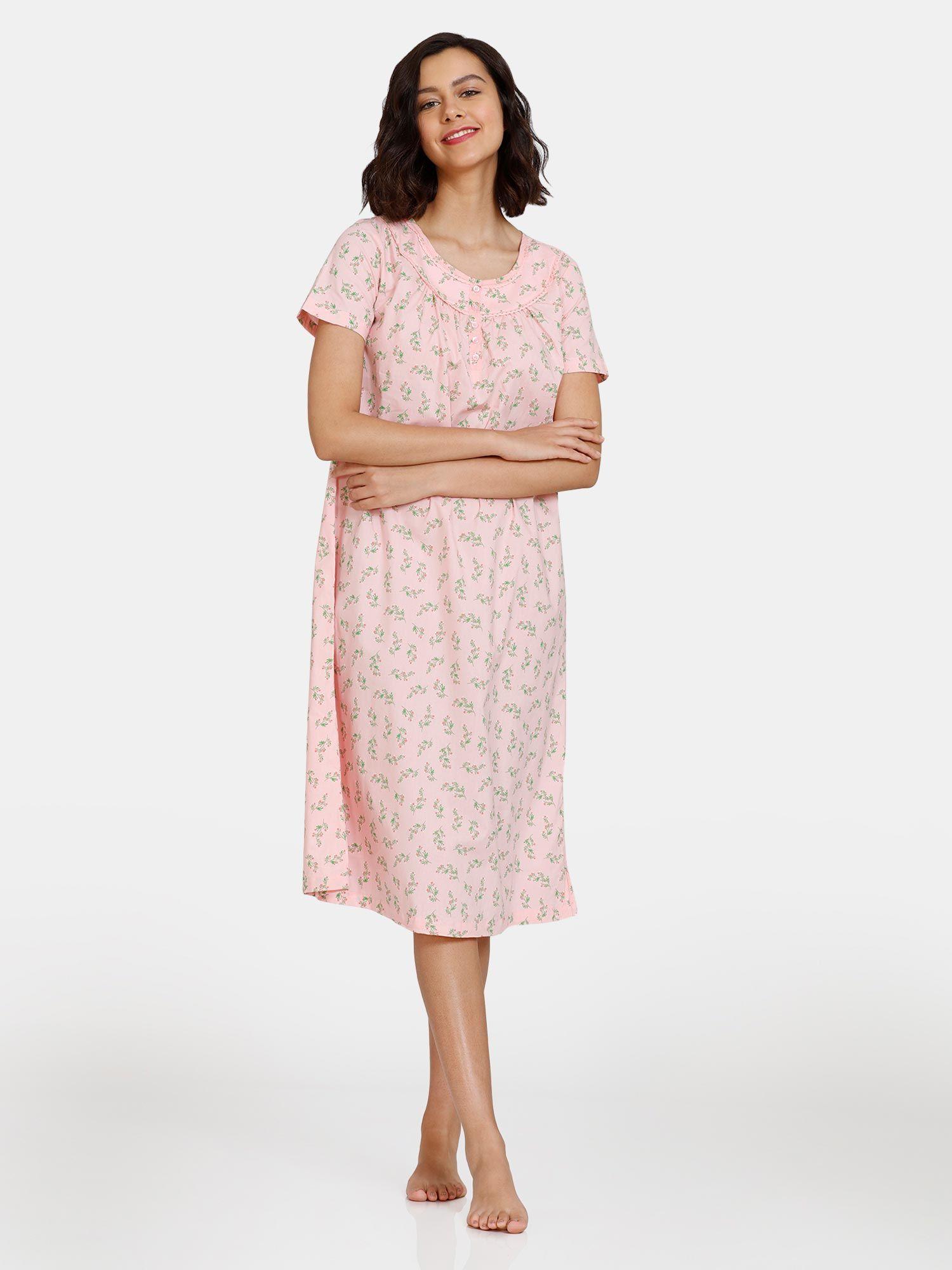 floating florals woven mid length nightdress - strawberry cream