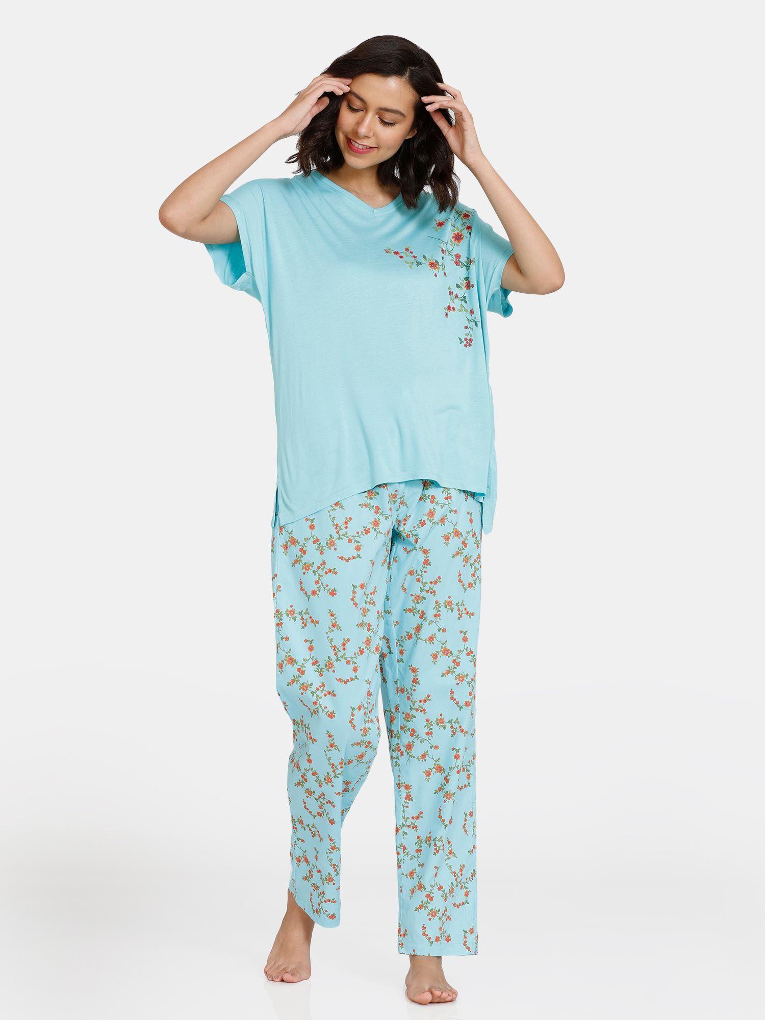 floating florals woven pyjama sets - ipanema-blue (set of 2)