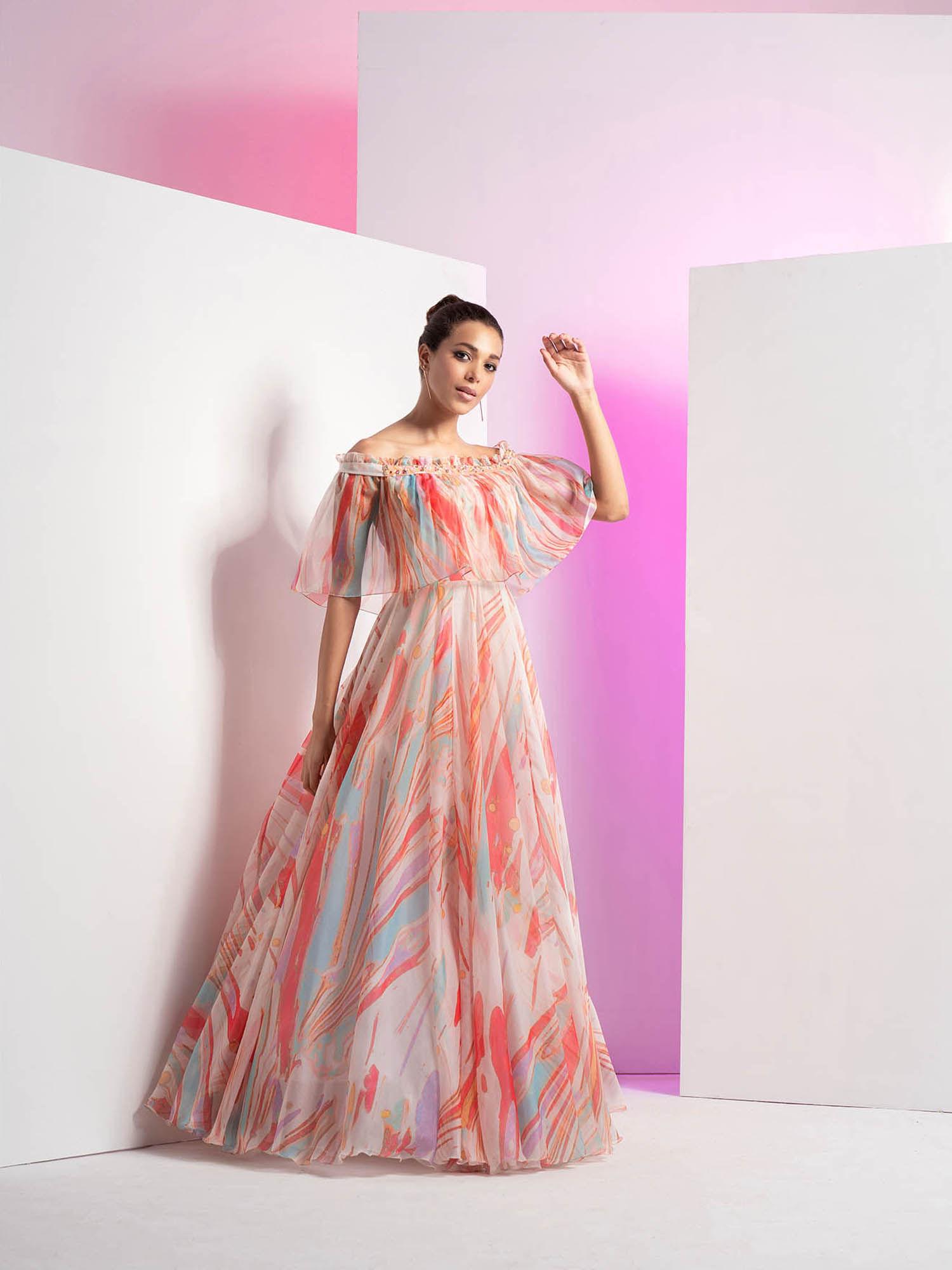 floaty marble embroidered off shoulder pink half sleeve gown
