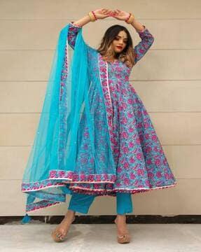 flora print anarkali kurta with pants with dupatta