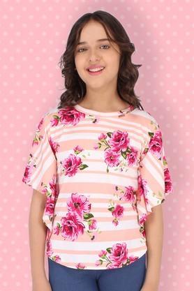 floral & stripes cotton knit round neck girls tops - peach