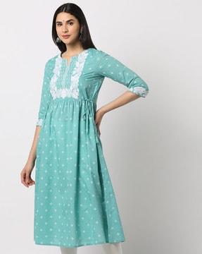 floral a-line kurta with embroidered yoke
